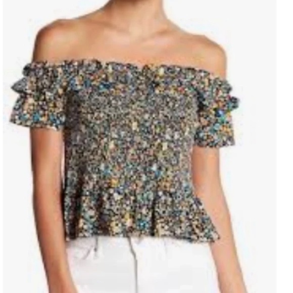 ⭐️Floral Off-the-Shoulder Smock Hipster Hippie Artsy Boho Art Girly Blouse Top - Picture 6 of 7